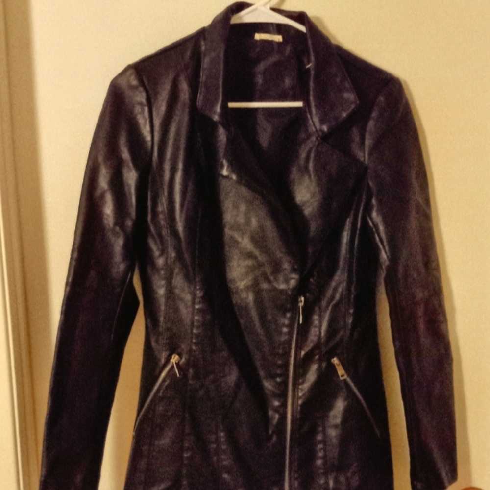 2Bella Asymmetrical Fitted Faux Leather Jacket with Zipper Closure and Pockets.